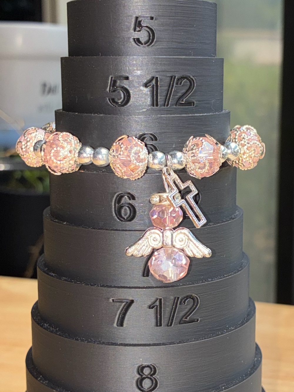 Pink Crystal Angel Cross Charm Stretch Bracelet with Cross Accent Handmade